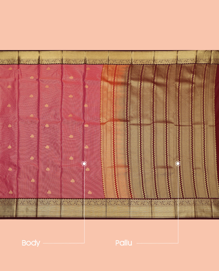 Red Budget Silk Saree, Adorned with Zari Buttas and Checks, Complemented by a Contrast Traditional Zari Border, Geometric Pallu, and a Contrast Blouse
