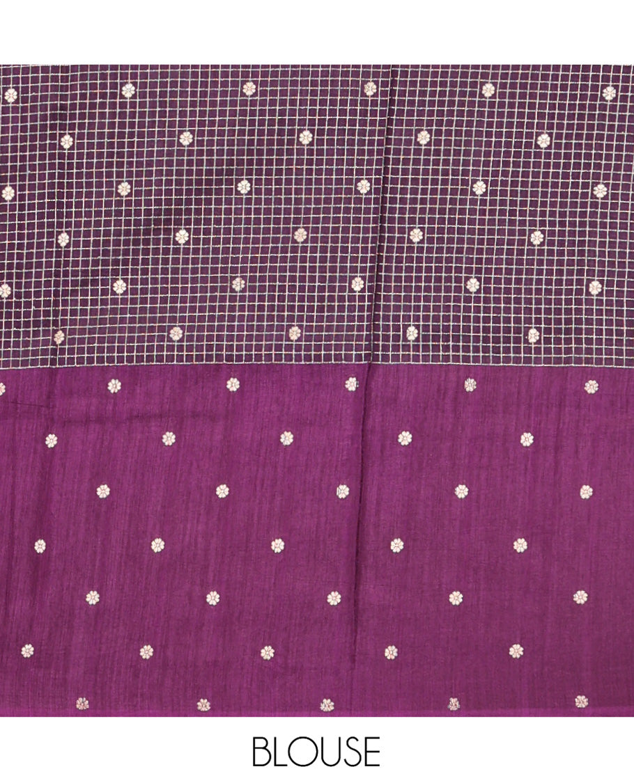 Dark Purple H O-Silk Saree, Beautifully Decked up with Zari Buttas and Zari Checks On Its Body, Accentuated with Contrast Big Chakram Motifs Woven Border, Grand Jaal Design Woven Pallu, and Paired with a Checked Blouse
