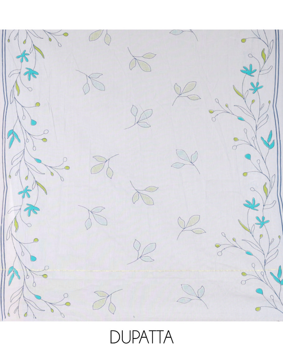 Blue Handloom Cotton Material Chudidar Set, Adorned with Floral Design Print On Its Top, Complemented by Contrast Bottom, and Paired with a Contrast Floral Printed Dupatta
