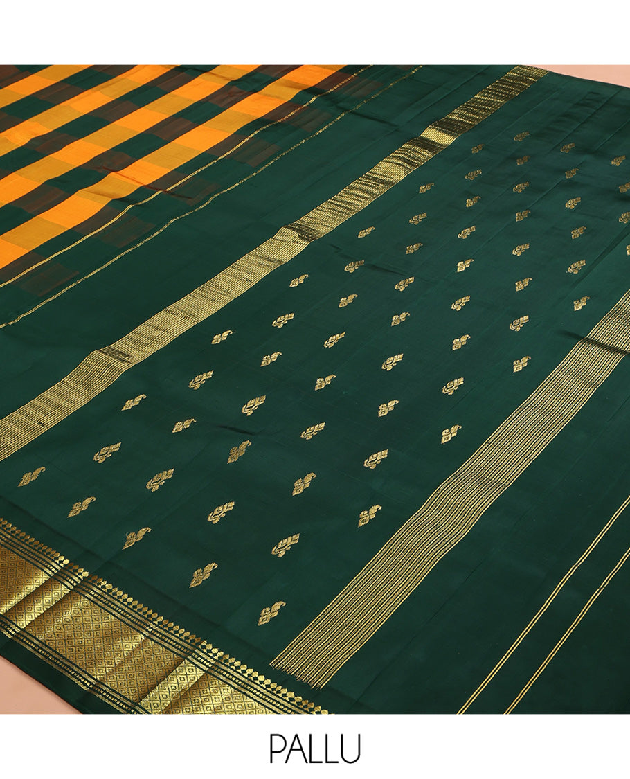 Multi-Color Checked Kanchipuram Silk Saree, Zari One-sided Border of Panner Sombu, Banaras, Muthu, and Mayil Kann Design, Zari Woven Pallu, and No Blouse