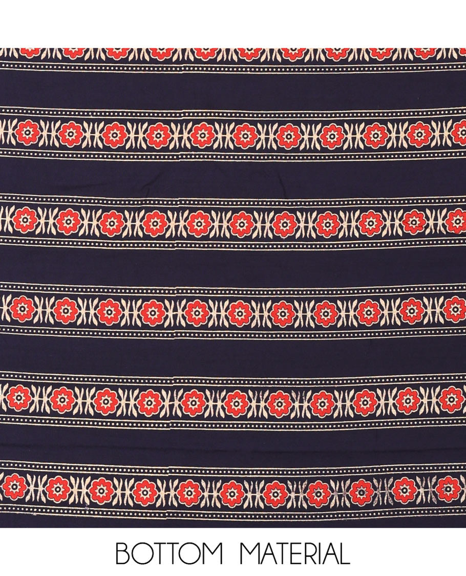 Navy Blue Rayon Material Chudidhar Set, Decked Up with Ajrakh-Style Floral Printed Top, Elegantly Printed Bottom, and Rayon Dupatta of Ajrakh-Style Floral and Tree Motifs Print