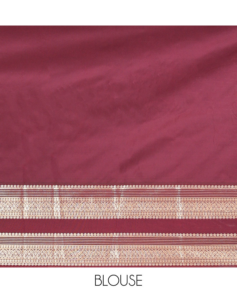 Orange and Brown Budget Silk Saree, Enriched with Leaf Zari Buttas All Over Its Body, Complemented by Contrast Rettai Pettu Traditional Zari Designs Woven Border, Grand Jaal Pallu, and Paired with a Contrast Blouse