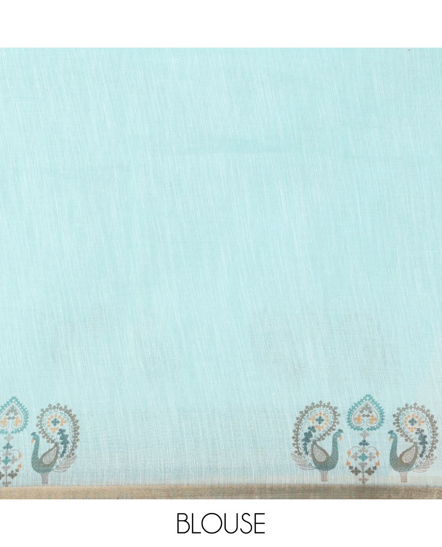 Sea green buttas with mirror work linen saree, zari border with peacock motifs print, printed mirror work pallu, and matching blouse