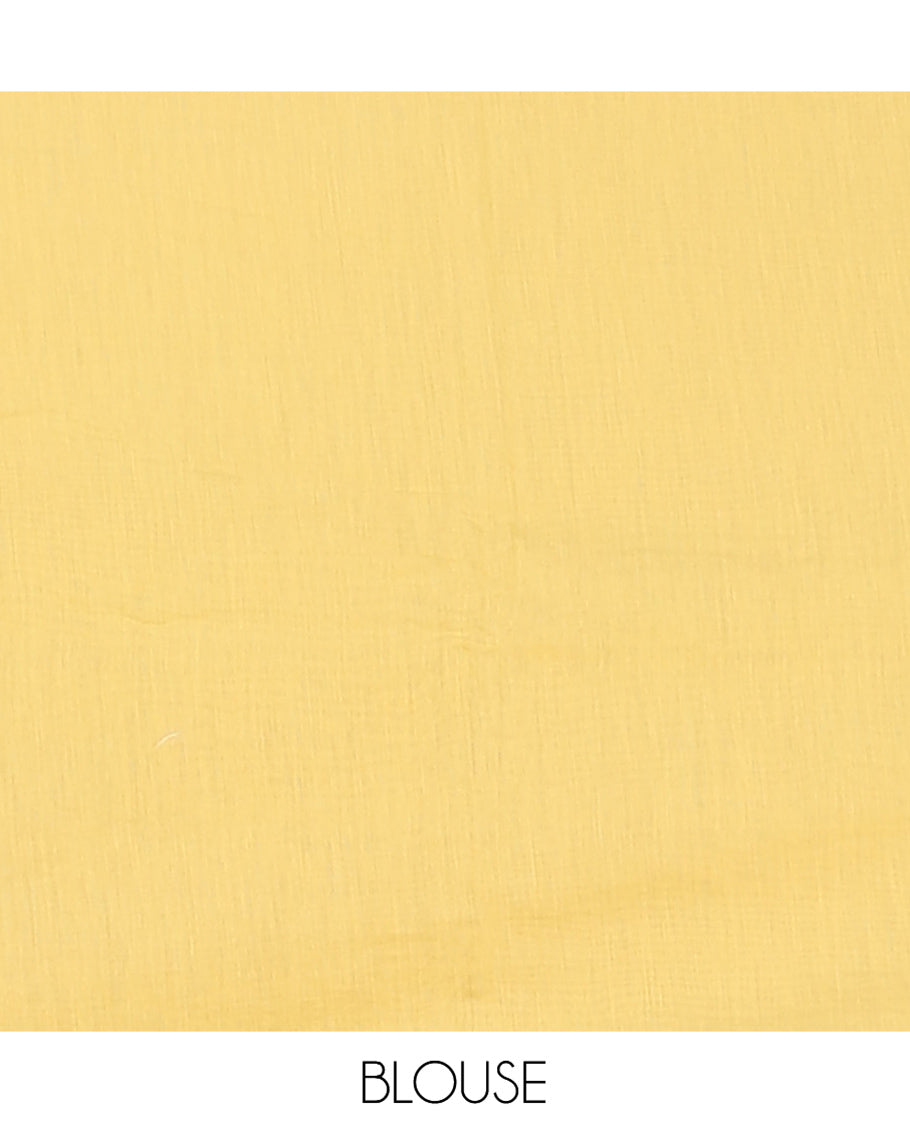 Yellow Fancy Tussar Saree, Artfully Detailed with Floral Vine Embroidery, a Subtle Scallop Border, and a Matching Blouse