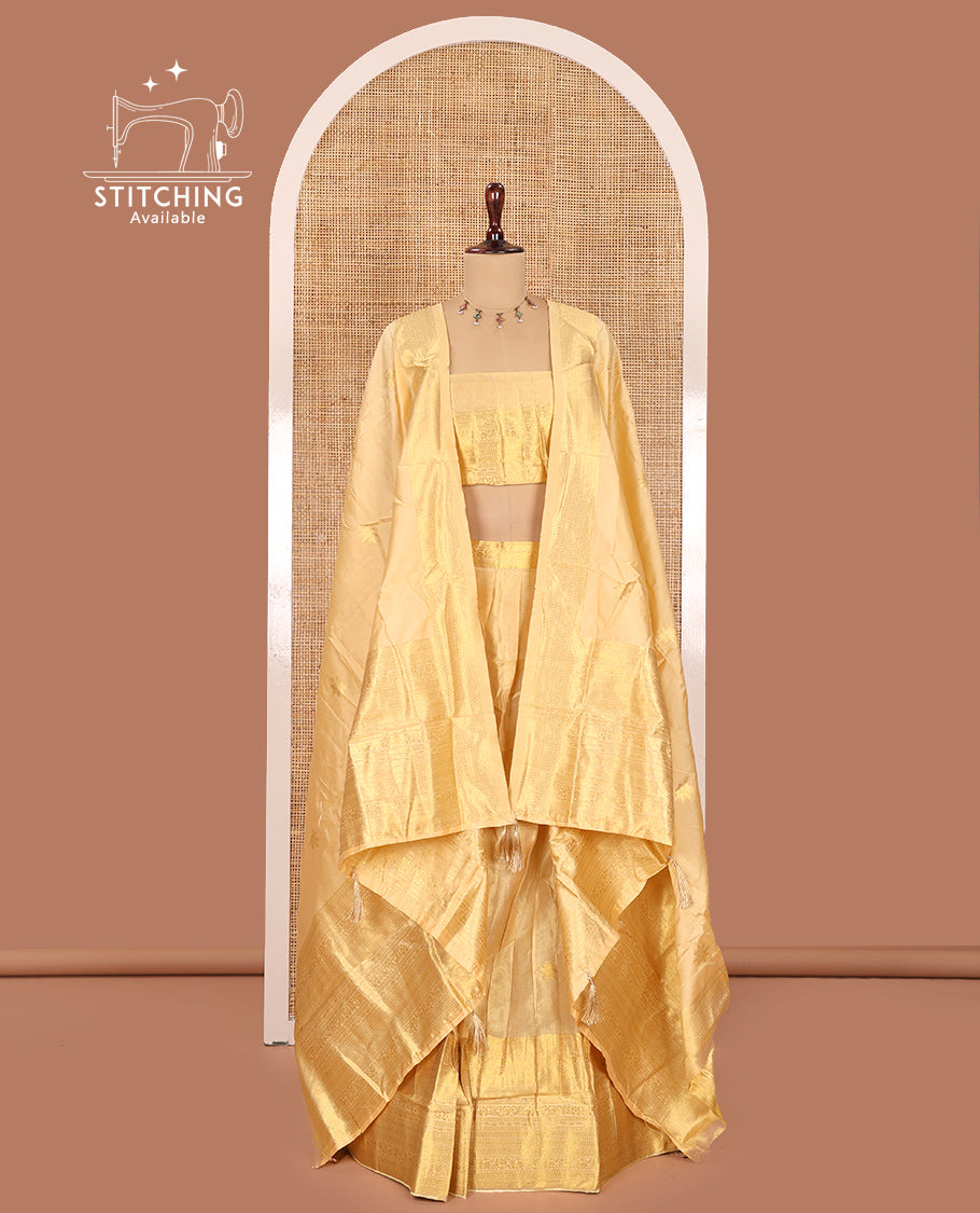Gold Half-Saree Features Zari Buttas Banarasi Tissue Skirt, Traditional Zari Border, Matching Blouse, Zari Design Banarasi Silk Dhavani