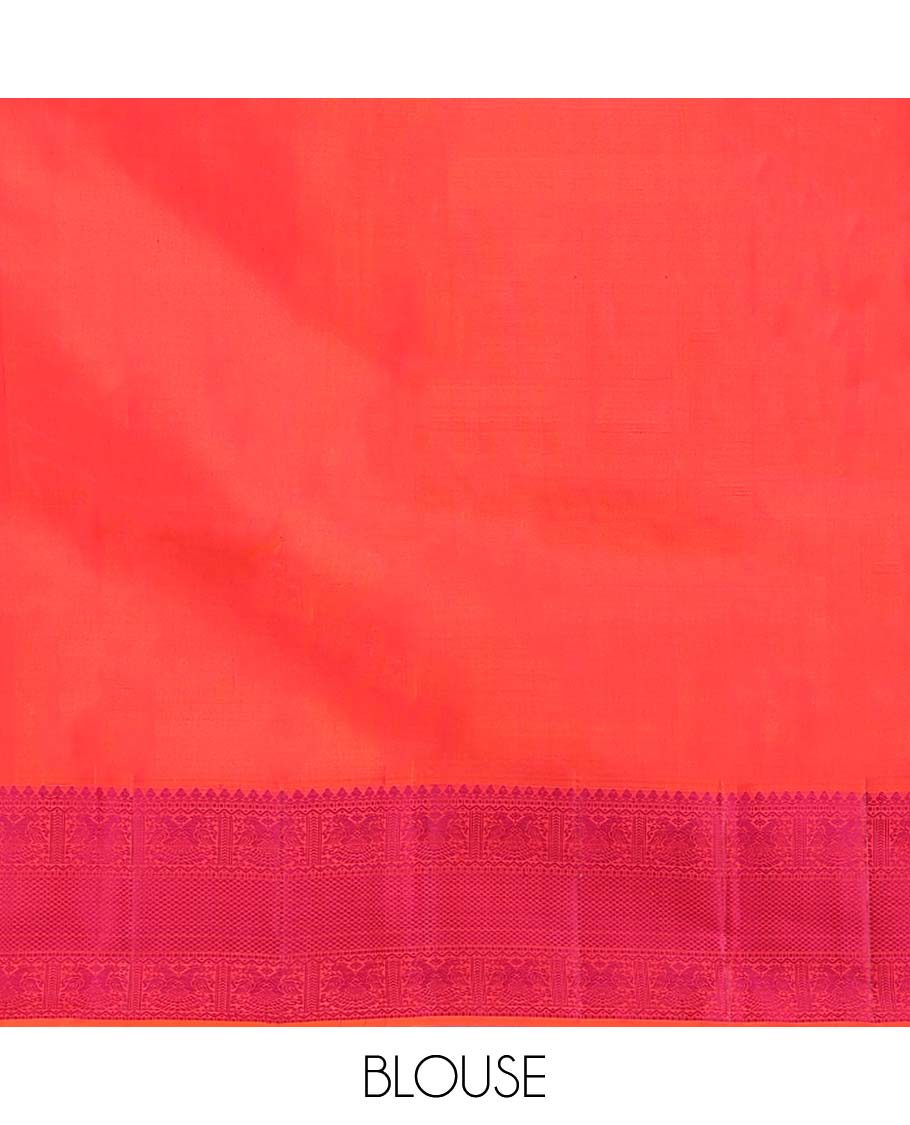 Pink Kanchipuram Silk Saree, Delicately Woven with Mayil-Chakram Buttas, a Contrast Border of Thilakam Mokku, Iruthalai Pakshi, and Kuyil Kann, Jaal Pallu, and a Contrast Blouse