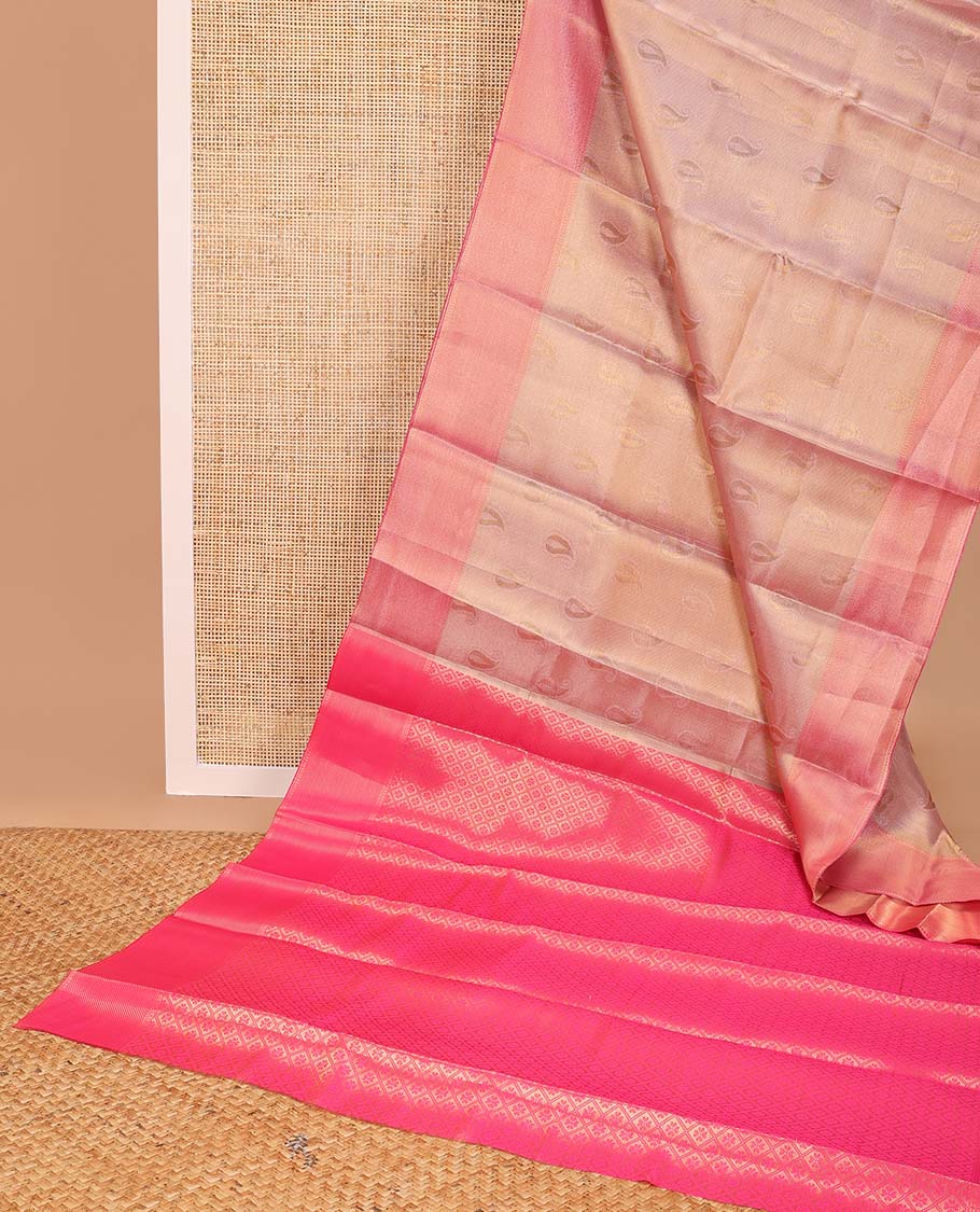 Light pink striped, floral design tissue saree with contrast zari design border & floral checked design pallu