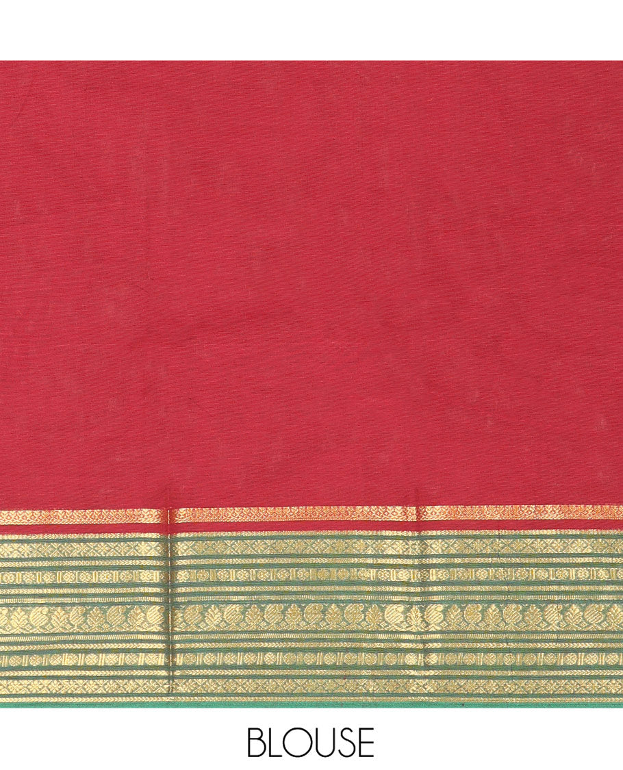 Maroon Chettinad Cotton Saree, Adorned with Buttas All Over Its Body, Complemented by Contrast Traditional Zari Design Border, Pallu of Stripes and Buttas, and Paired with a Matching Blouse