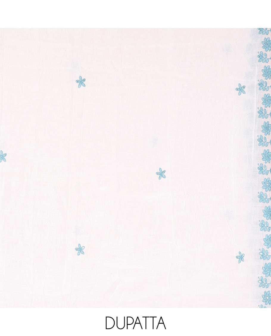 White-Blue Mul Chanderi Material Churidar Features a Floral-Themed Thread-Embroidered Top, a Plain Santoon Bottom, and Thread Embroidered Dupatta