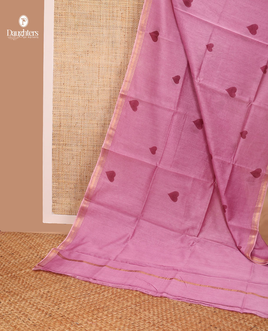 Pink heart motifs chanderi cotton saree with self zari border & striped zari pallu