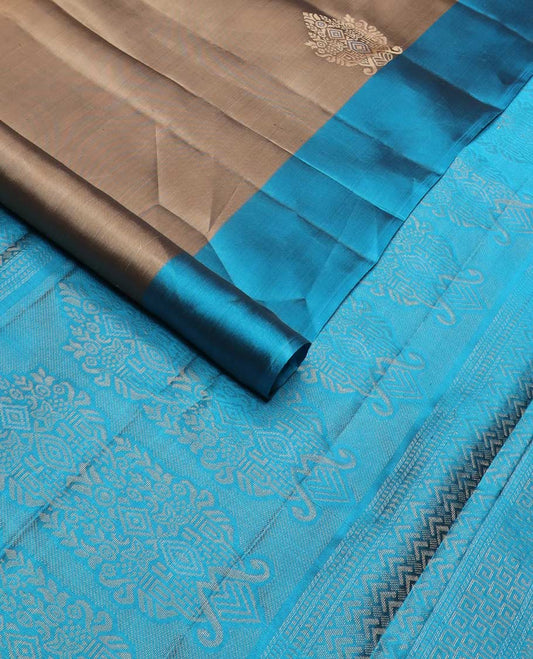 Brown silk mix saree with zari buttas, contrast zari design border & geometric patterned pallu