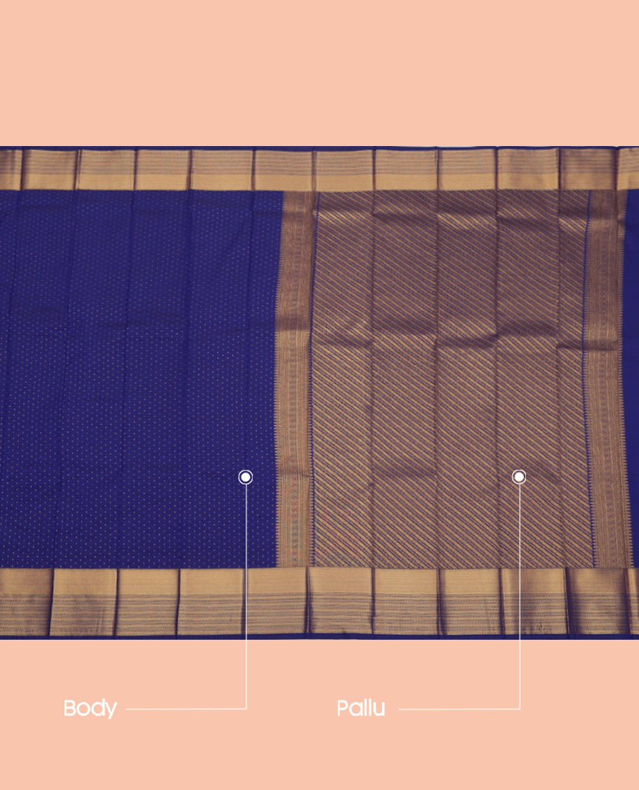 Navy Blue Budget Silk Saree Features Zari Buttas, Getti Zari Border, Grand Pallu, a Matching Blouse