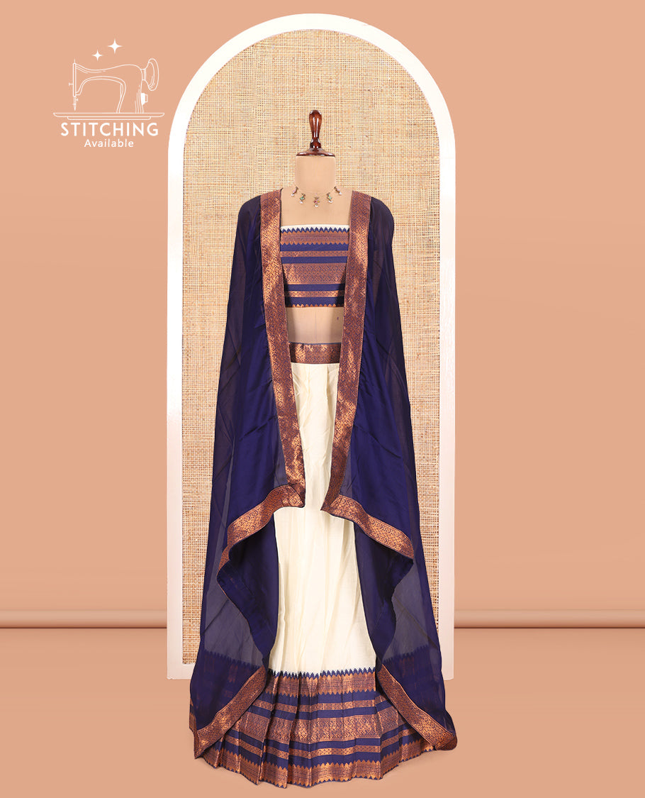 Cream-Navy Blue Semi-Silk Half-Saree