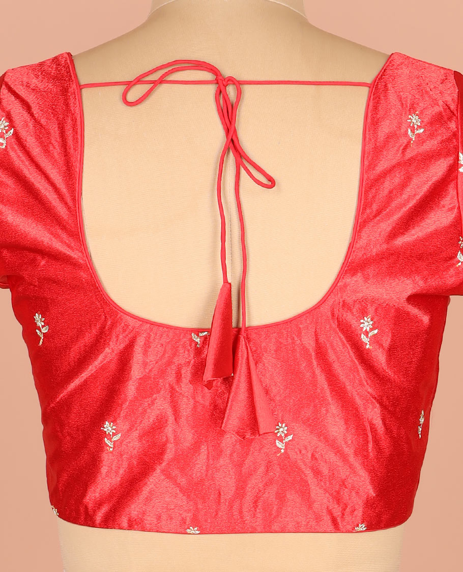 Scintillating Red Readymade Blouse Delicately Embroidered with Floral Motifs, Featuring Front Round Neck, Back Round Neck, and Embroidered Elbow Sleeves