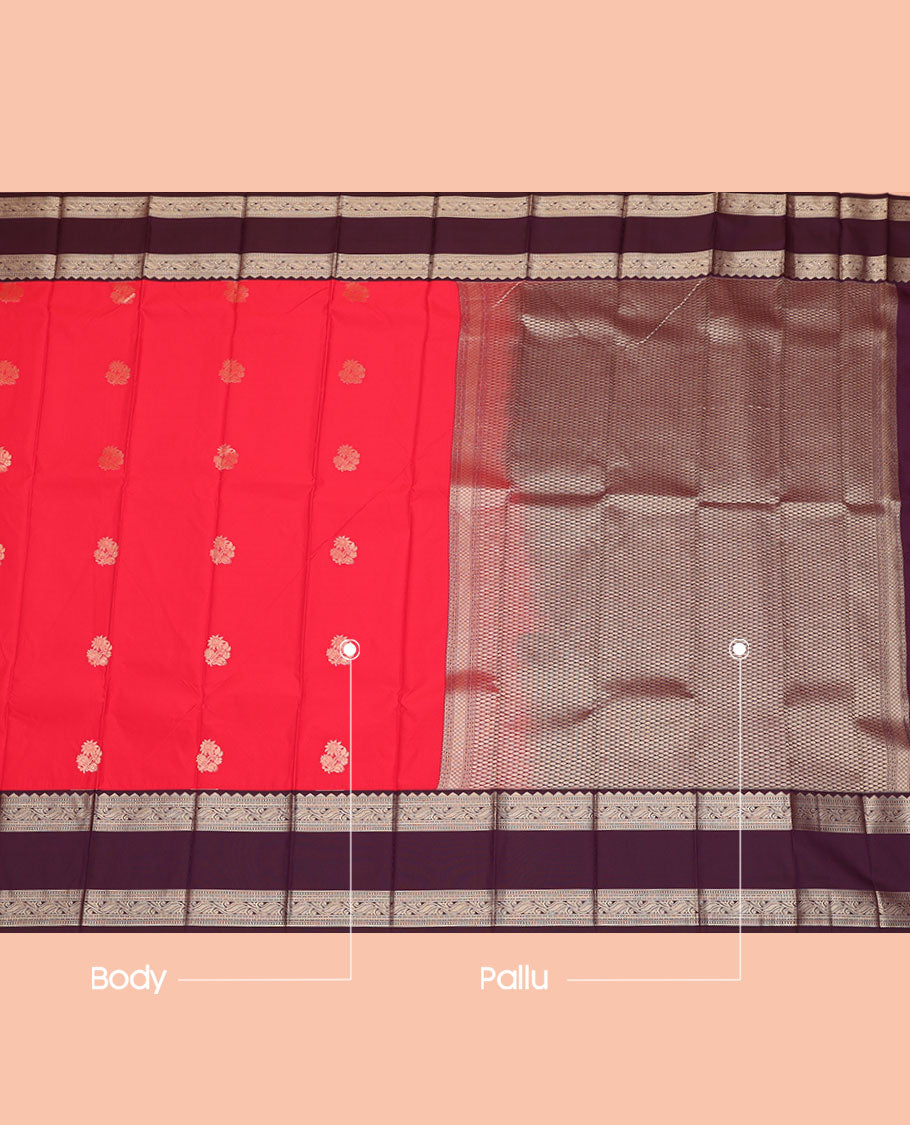 Red Budget Silk Saree, Adorned with Zari Buttas, Complemented by Contrast Traditional Design Rettai Pettu Border, Grand Pallu, and a Contrast Blouse