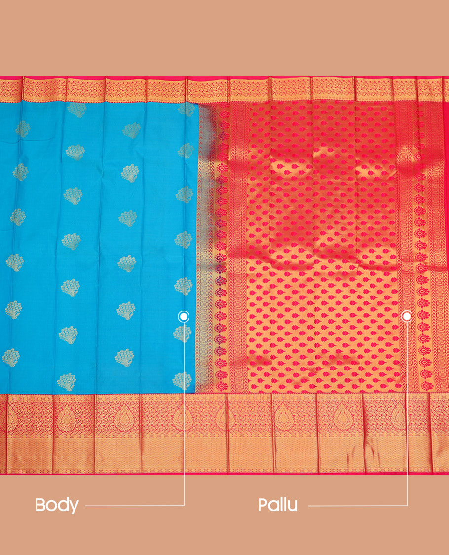 Blue Budget Silk Saree, Adorned with Zari Buttas on Its Body, Complemented by Contrast Border of Traditional Zari Designs, Pallu of Floral Designs, and Paired with a Contrast Blouse