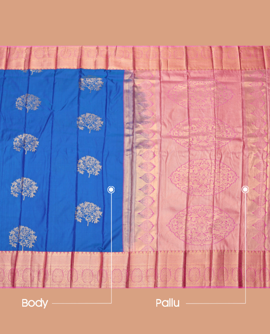 Blue Budget Silk Saree, Adorned with Tree Motifs, Complemented by Contrast Traditional Zari Border, Grand Pallu and Contrast Blouse