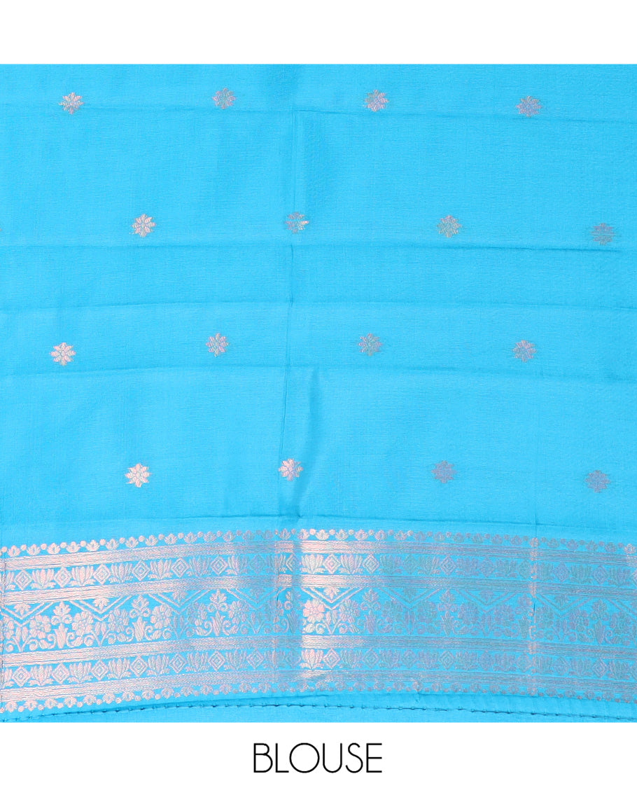 Parrot Green Kanchi Silk Saree, Adorned with Zari Buttas, a Contrast Zari Butta Border, Grand Pallu, and a Contrast Blouse