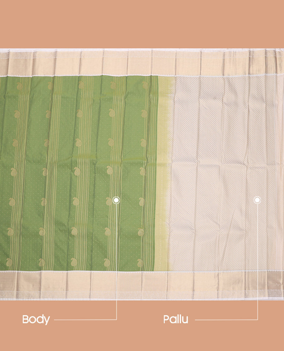 Green Budget Silk Saree, Sparsely Threaded with Buttas, Complemented by a Contrast Traditional Zari Border, Sparsely Woven Pallu, and a Contrast Blouse