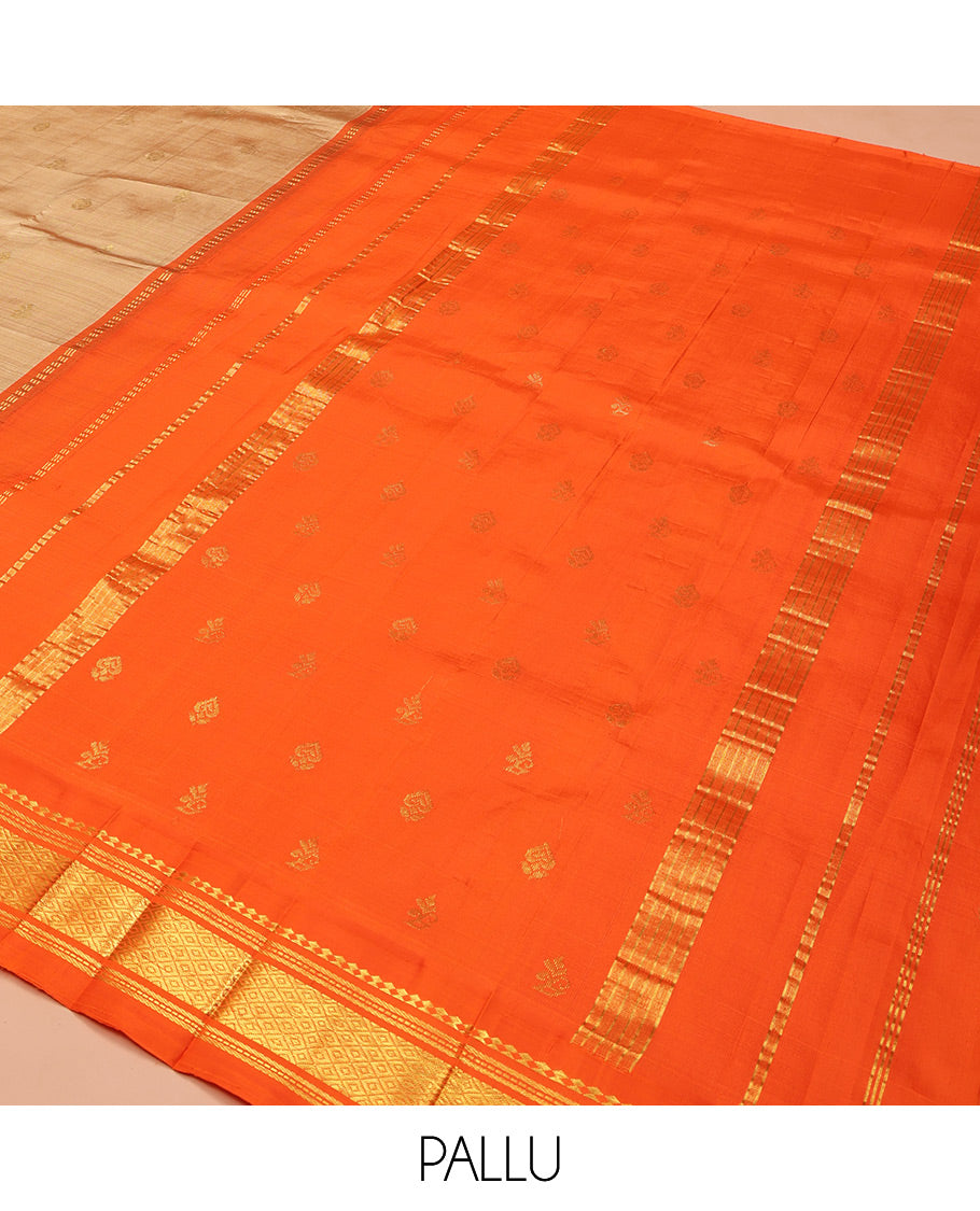 Sandal Kanchipuram Silk Saree, Graced with Zari Buttas on Its Body, Complemented by a Contrast One-Sided Korvai Border of Panner Sombu, Banaras, Muthu, and Mayil Kann Designs, Pallu Steeped with Zari Designs, and Comes Without a Blouse