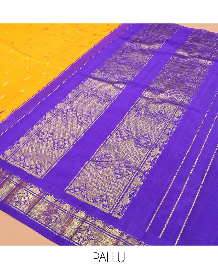 Yellow Kanchipuram Silk Saree, Adorned with Zari Buttas, Complemented by a Contrast One-Sided Thazampoo Rekku Traditional Zari Border, Grand Pallu, and No Blouse