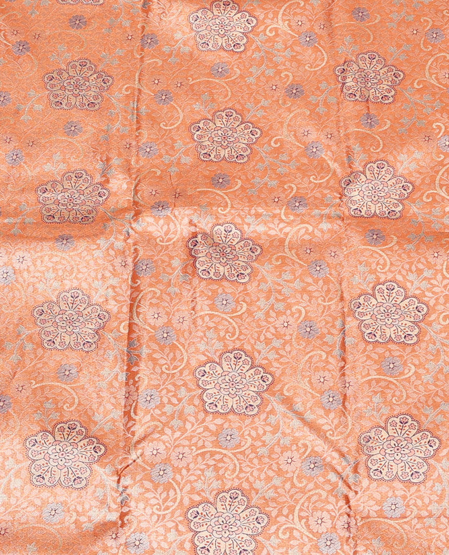 Orange Art Silk Material Half Saree Set, Adorned with Jacquard Design Skirt, a Contrast Meenakari Border, Contrast Blouse, and an Intricately Designed Dhavani