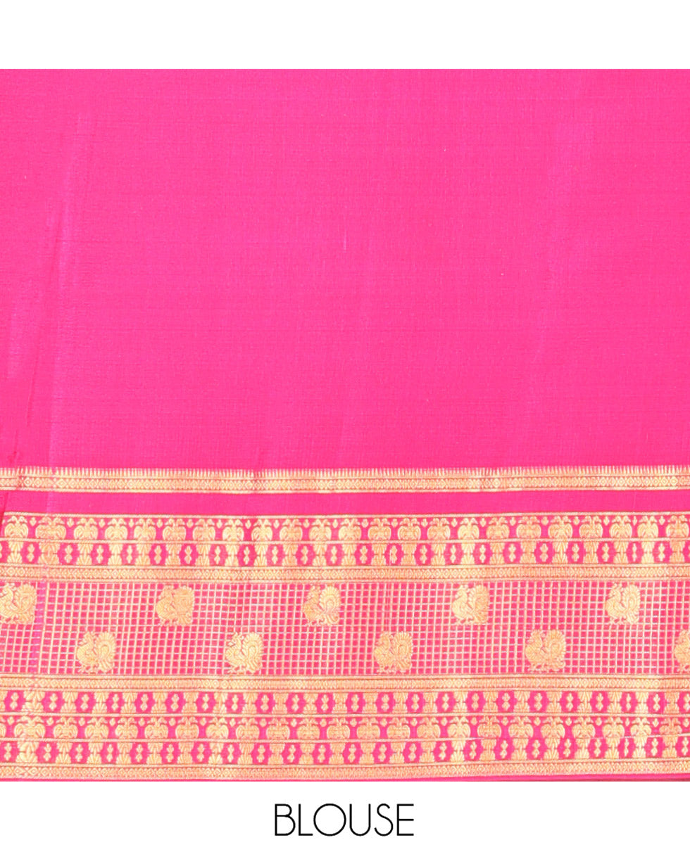 Green Mysore Silk Saree, Gracefully Embellished with Zari Checks, a Contrast Iruthalai Pakshi-Peacock Zari Border, Grand Pallu, and a Contrast Blouse