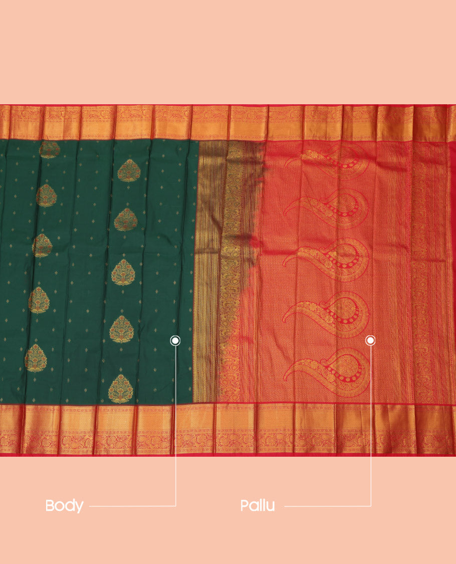 Green Budget Silk Saree, Adorned with Zari Buttas, Complemented by a Contrast Traditional Zari Border, Grand Pallu, and Contrast Blouse