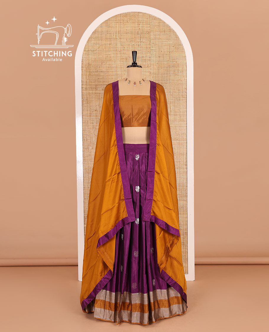 Purple and mustard half-saree, peacock butta with contrast bordered taffeta silk skirt, a plain blouse, and a contrast bordered syska georgette dhavani