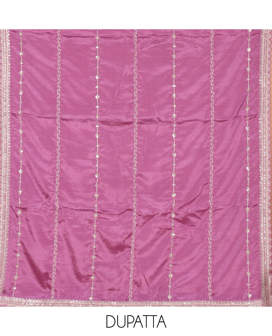 Dark Lavender Chudidar Set Artfully Detailed with Floral Jaal Jacquard Design and Embroidered Viscose Chinon Unstitched Top, Readymade Free Size Chinon Sharara Pants, and a Chinon Embroidered Scallop-Bordered Dupatta