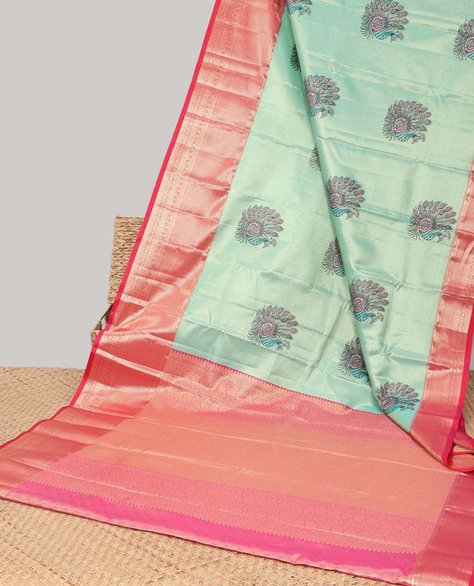 Green peacock buttas budget silk saree with contrast intricate zari design border & floral zari design pallu