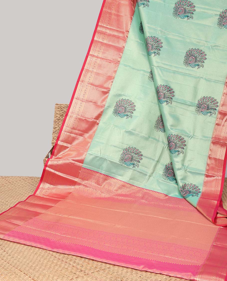 Green peacock buttas budget silk saree with contrast intricate zari design border & floral zari design pallu