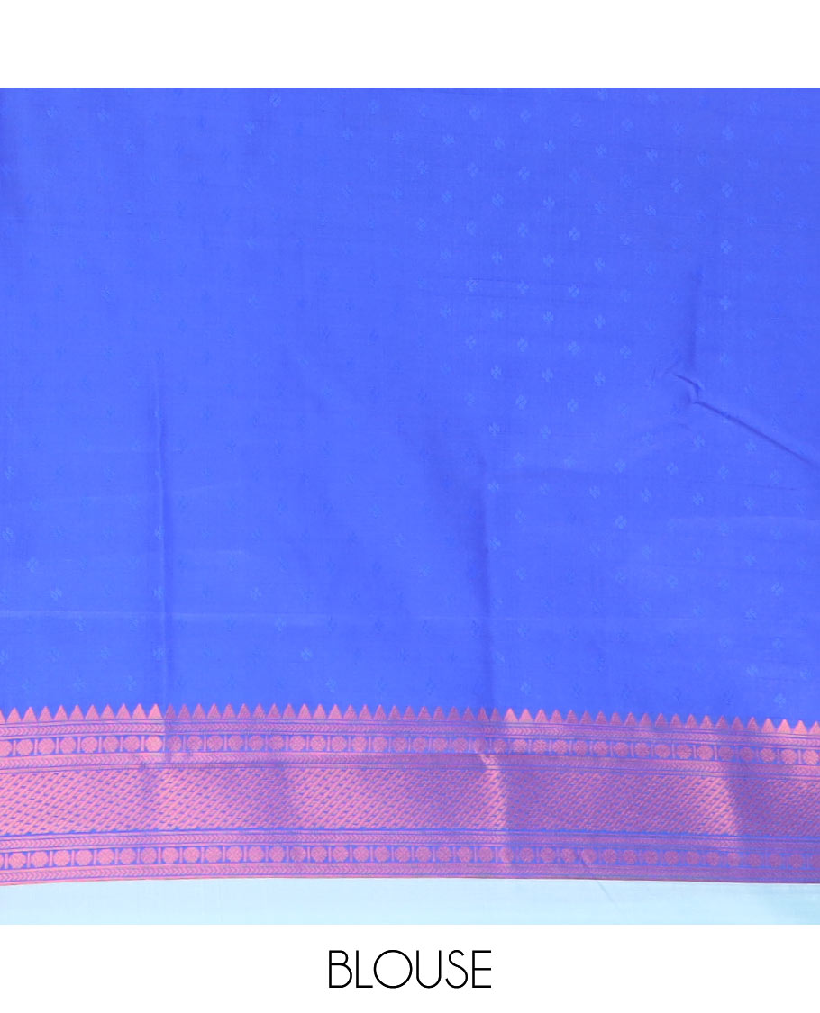 Sky blue ikkat design mulberry silk saree with contrast border & ikkat pallu along with self embosed butta blouse