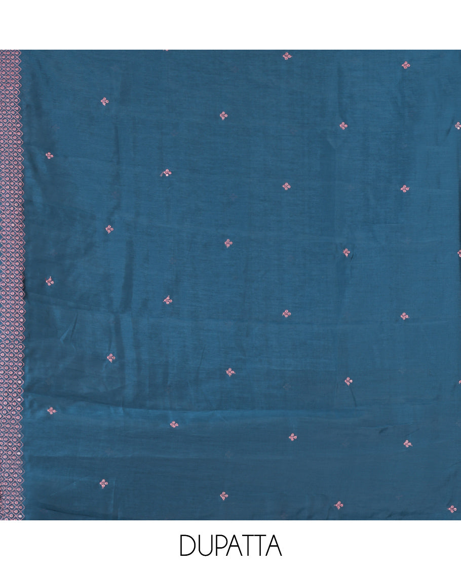 Peacock Blue Semi-Silk Material Churidar Thread-Sequins Embroidered Top, a Plain Bottom, a Embroidered Dupatta