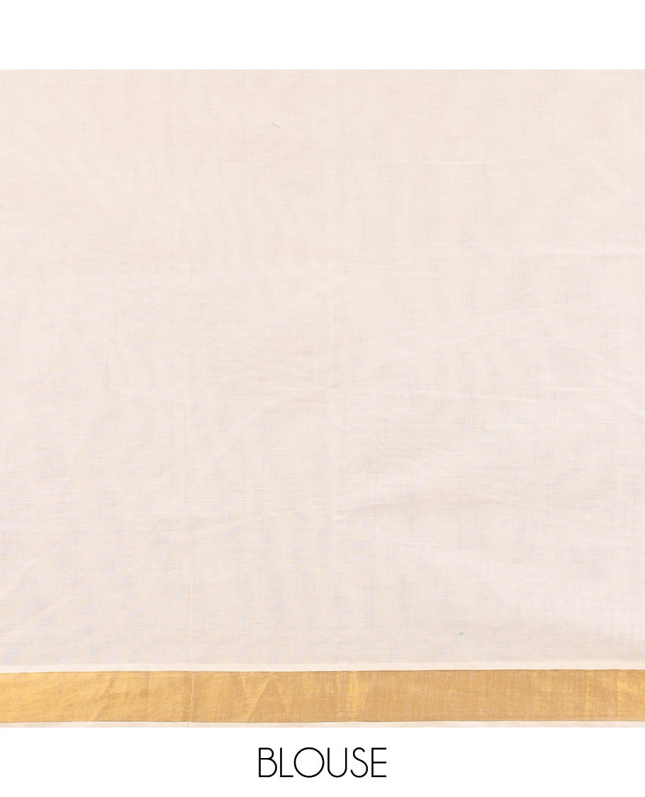 Cream kerala saree with zari stripes, zari border & pallu of floral designs
