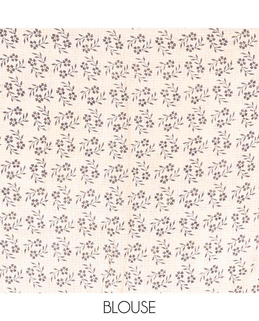 Black Machine-Printed Kalamkari Cotton Saree Features Floral Vine and Pichwai Cow, a Piping Border, Kalamkari Peacock Pallu, and a Matching Blouse