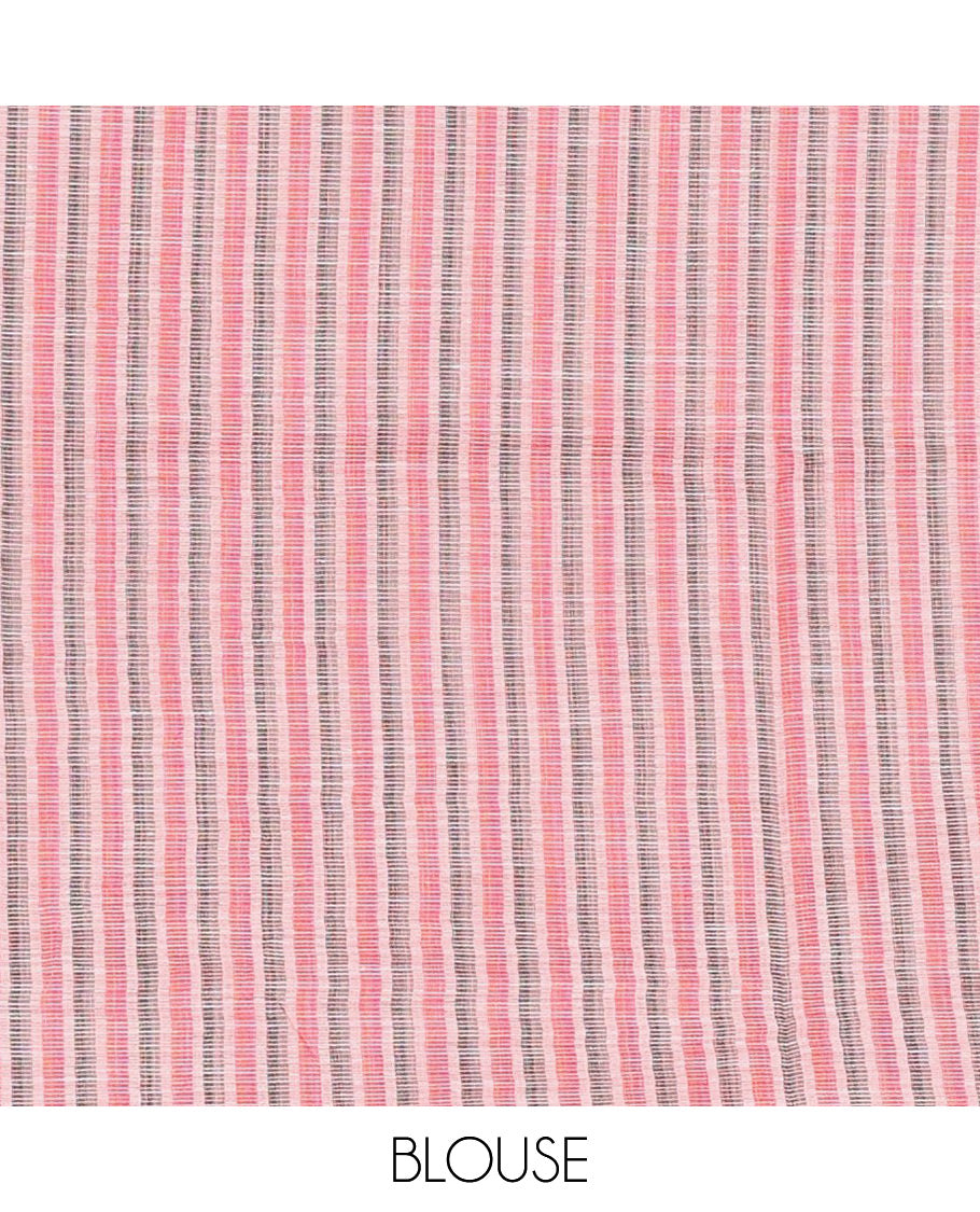 Baby pink vertical stripes & geometric buttas Jute linen saree, Sliver zari border, geometric patterned pallu & vertical striped blouse