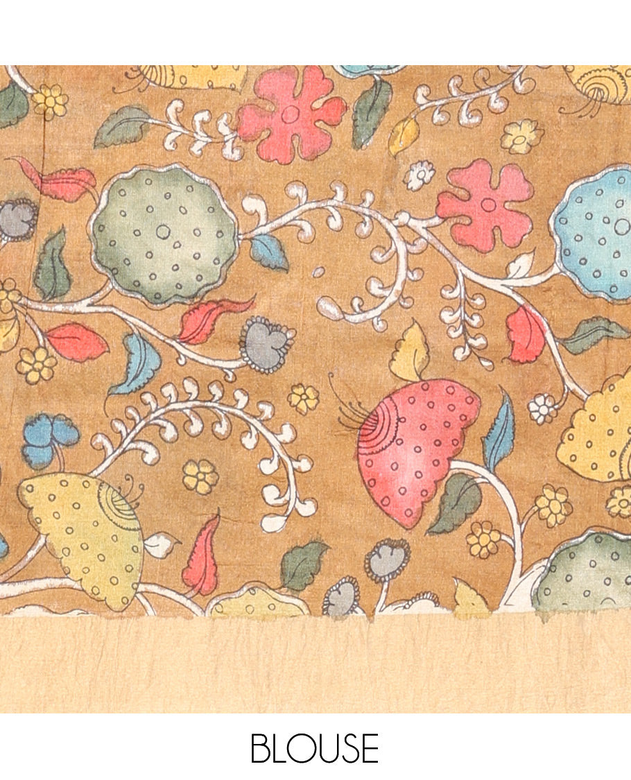 Blue Village-Themed Pen Kalamkari Silk Saree, Adorned with a Contrast Border, and a Contrast Blouse