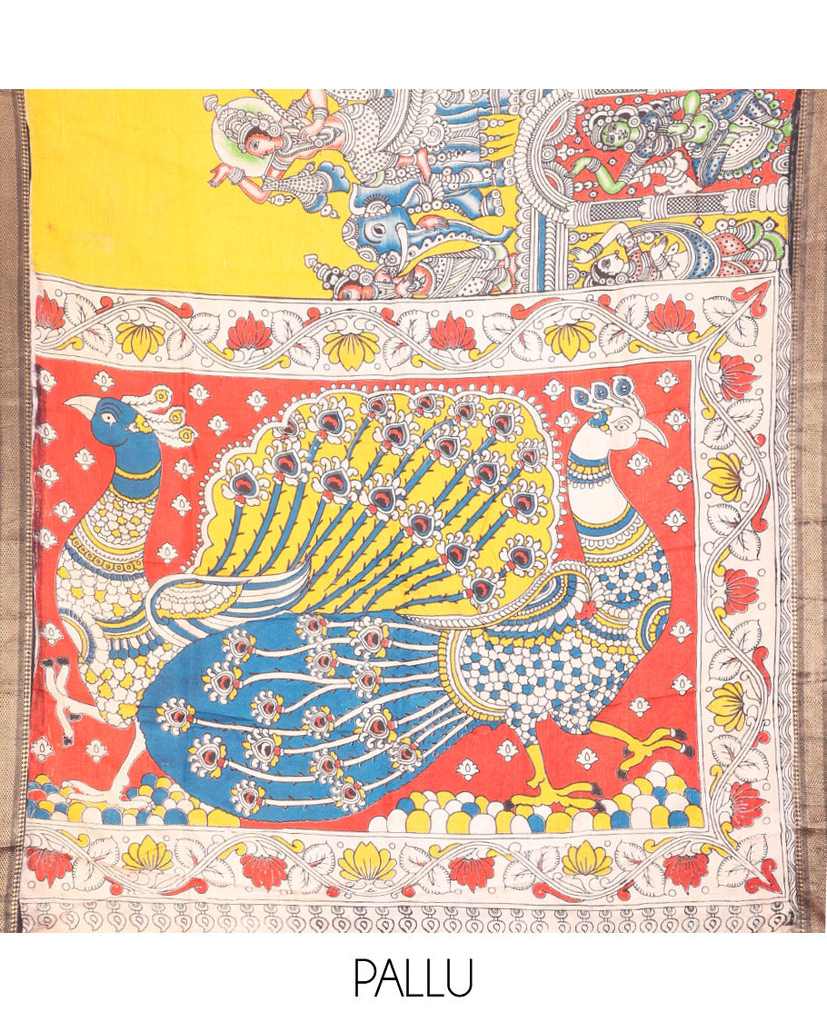Yellow Kalamkari Cotton Saree, Adorned with Human Figurine Print, Contrast Traditional Zari Border, Peacock Pallu, and a Contrast Blouse
