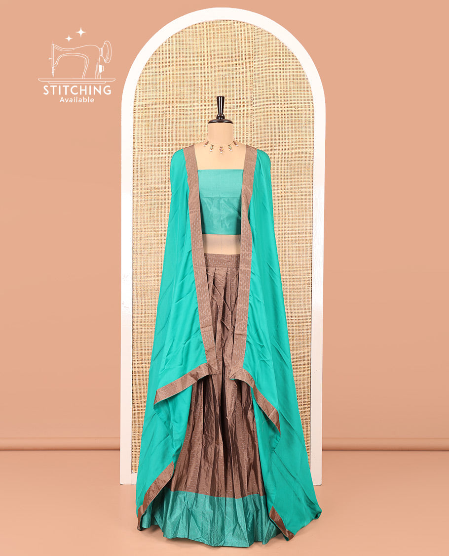 Chocolate Brown and Green Checked Taffeta Silk Half-Saree, Complemented by Contrast Sparsely Striped Border, Paired with a Contrast Blouse, and Comes with Subtle-Bordered Satin Georgette Dhavani