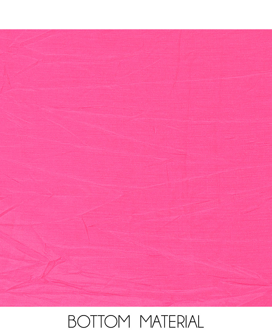 Rani Pink Material Chudidar Set Adorned with Floral-Geometric Printed with Neck Embroidered Chinon Top, Subtly Made Plain Santoon Bottom, and a Chinon Dupatta Featuring Printed Border, and Glitter Dots