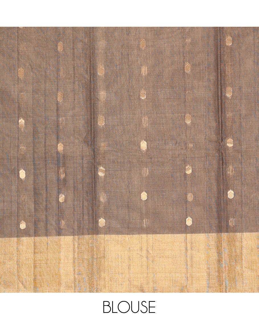 Brown Silk Cotton Saree, Adorned with Buttas, Gleaming Bavanji Border, Pallu Steeped with Stripes, and a Matching Blouse