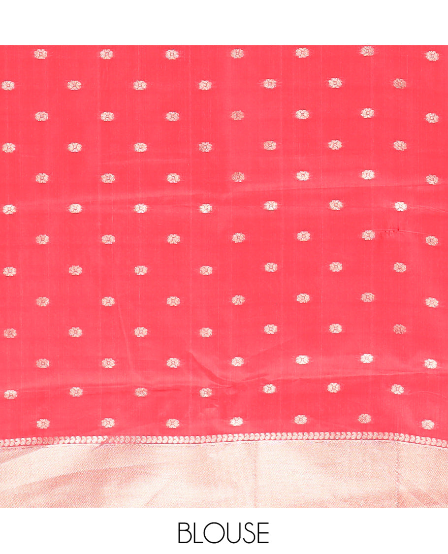 Off-White-Red Semi-Silk Saree, Adorned with Floral Jacquard Design, a Zari Paisley Border, and a Contrast Blouse