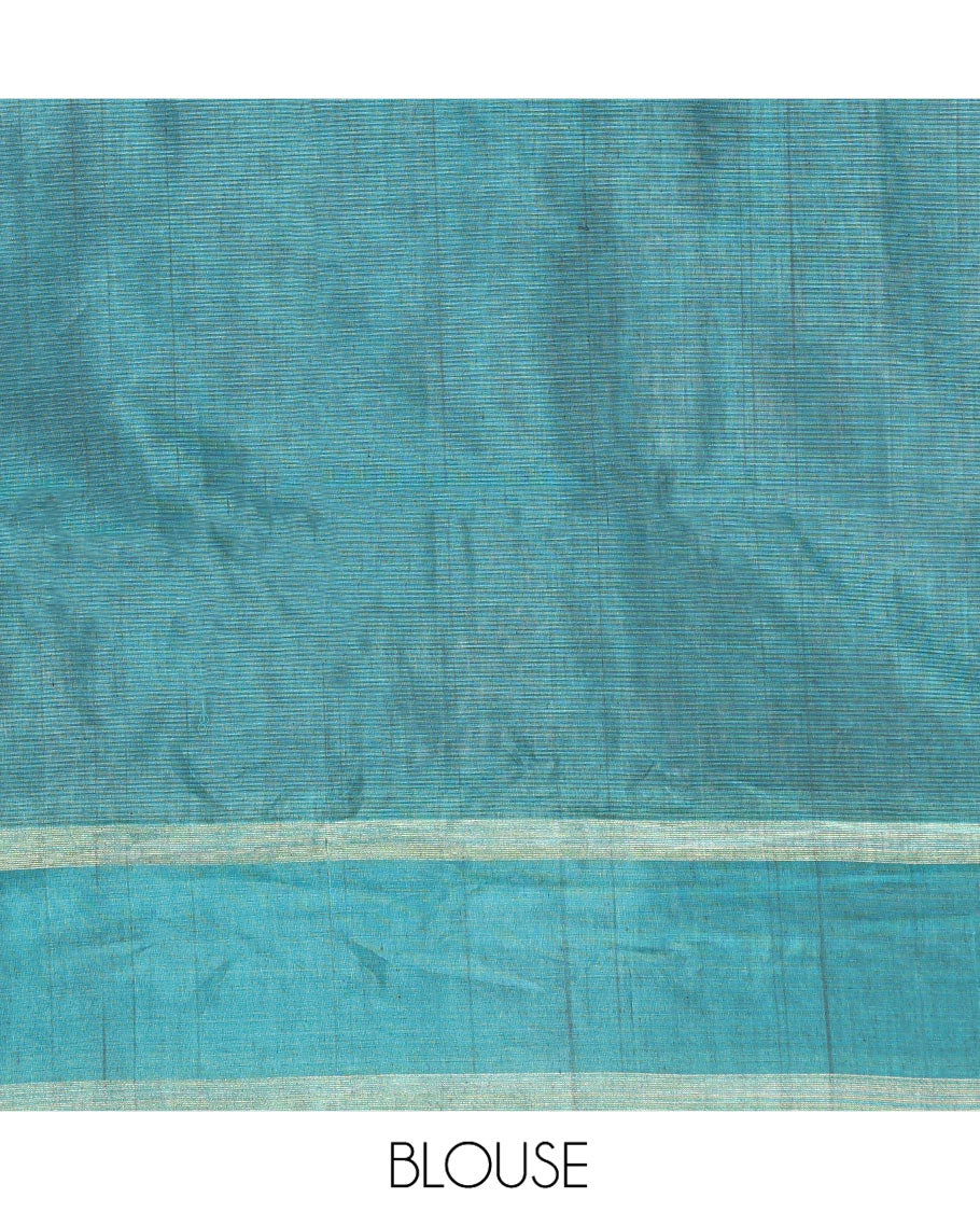 Grey Silk Cotton Saree, Adorned with Peacock and Rudraksha Buttas, Complemented by a Contrast Zari Buttas Border, Geometric Patterned Pallu, and a Contrast Blouse