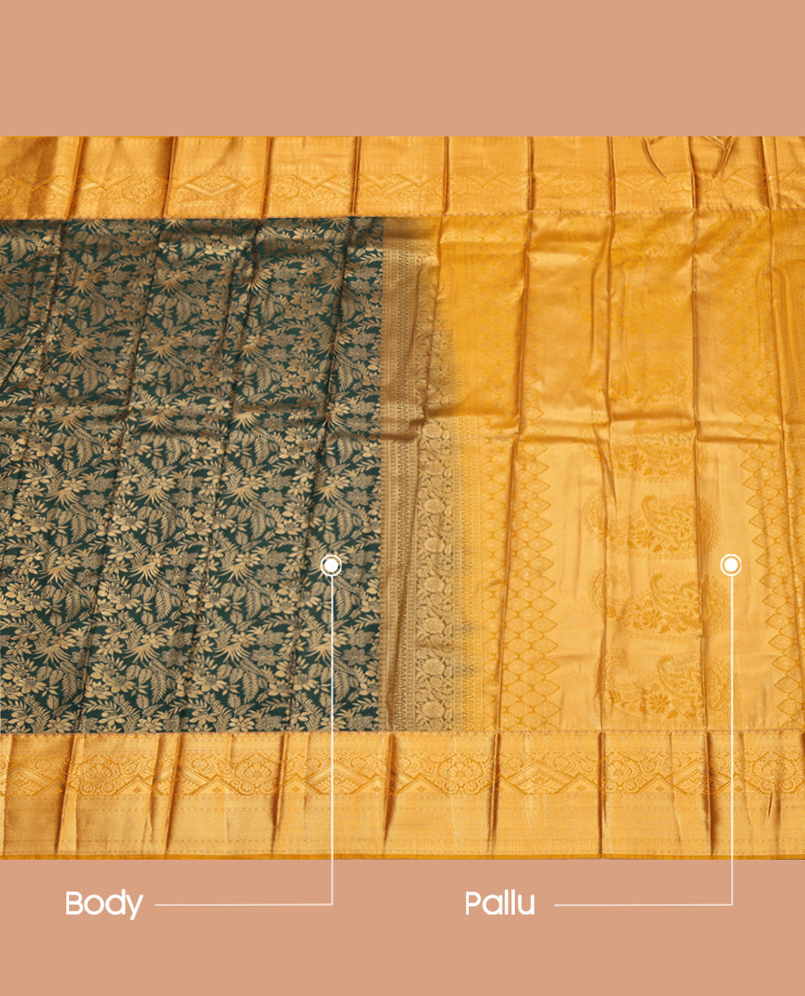 Green Budget Silk Saree, Adorned with Jacquard, Complemented by a Contrast Traditional Zari Border, Intricate Pallu, and a Contrast Blouse