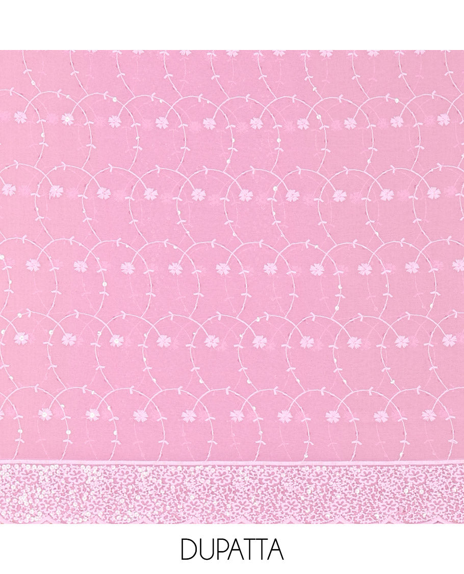 Lavender Material Chudidar Set Features Sequin Embroidered Georgette Top, a Plain American Crepe Bottom, and a Scallop Dupatta Embellished with Floral Vine Embroidery