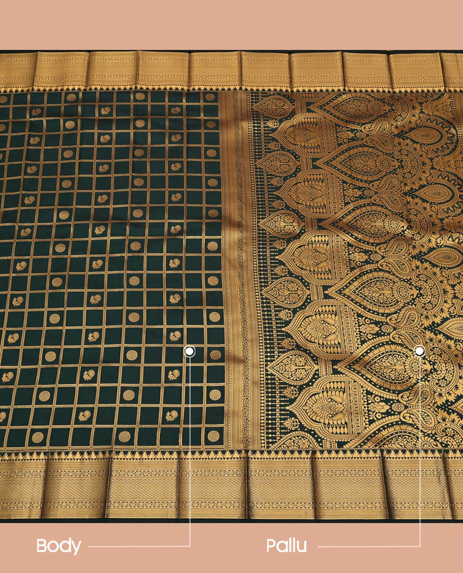 Dark Green Budget Silk Saree, Beautifully Detailed with Peacock-Chakram Butta Enclosed Checks All Over Its Body, Highlighted by a Temple Zari Border of Traditional Designs, Pallu Depicts Mughal-Style Designs, and Paired with a Matching Blouse