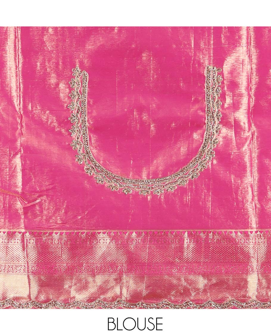 Pink Vastrakala Silk Saree, Enriched with Floral Jacquard and Patch Stone Work, Highlighted by Traditional Zari and Stone Scallop Border, Grand Scallop Design Stone Work Pallu, and Paired with Heavy Embroidered Blouse