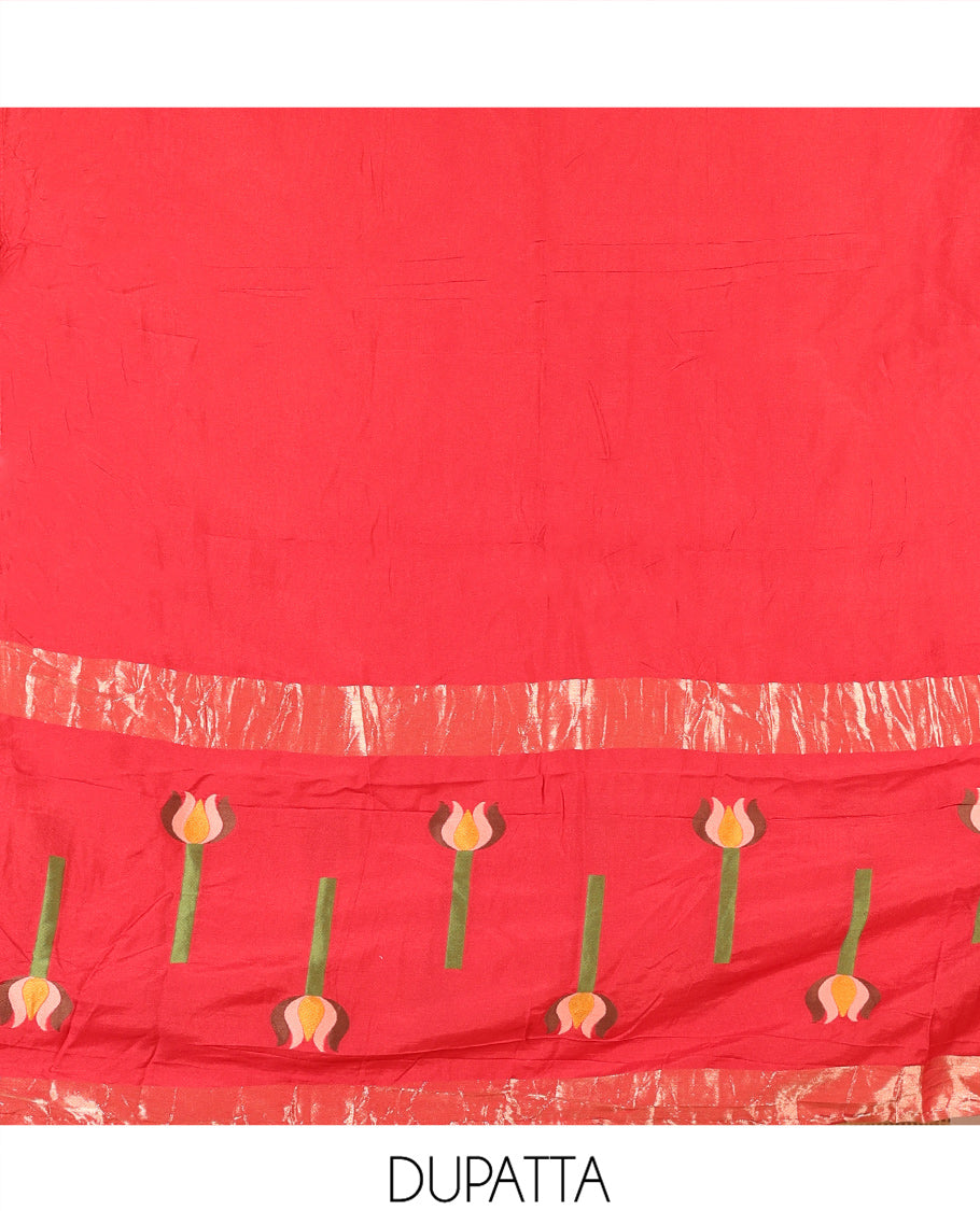 Red Mul Chanderi Material Chudidar Features Jamdani-Floral Top, Plain Bottom, Jamdani-Floral Dupatta