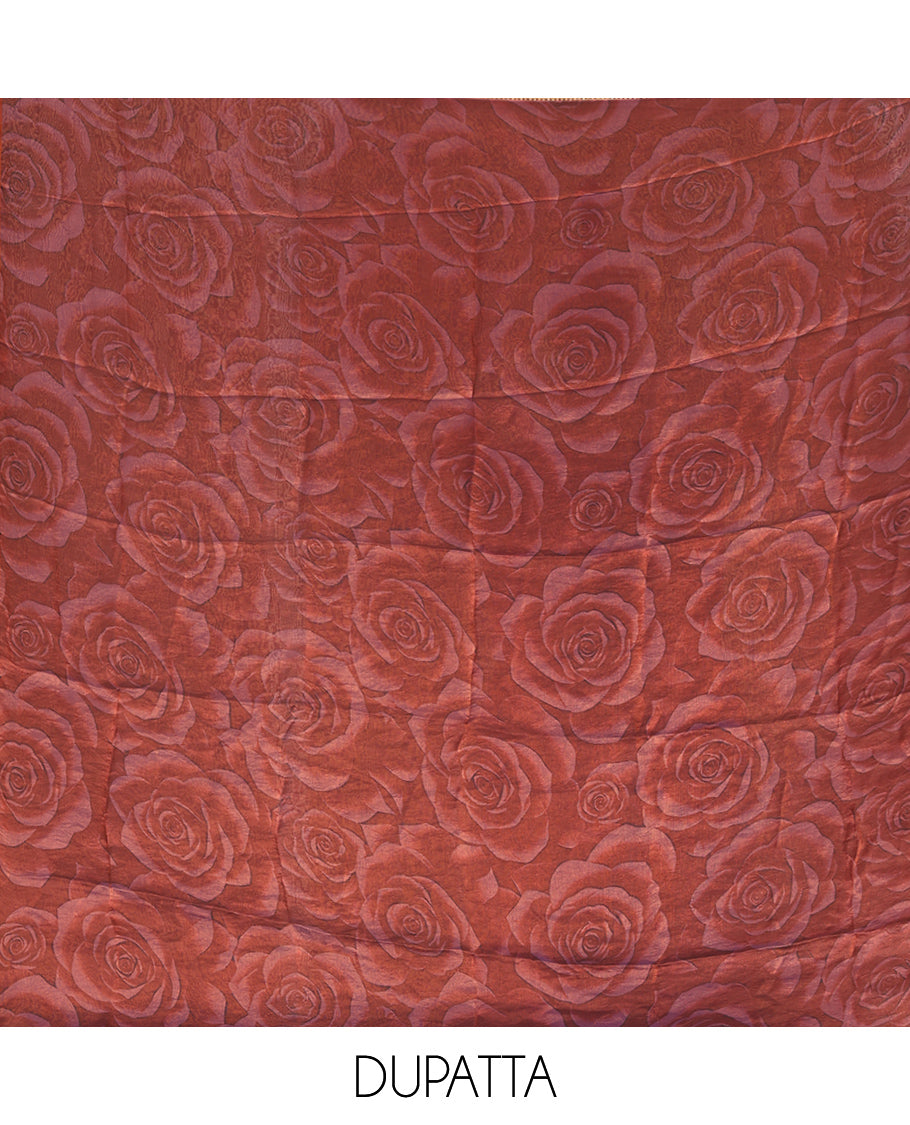 Wine Velvet Organza Designer Material Chudidar, Floral Embroidery Top, Plain Bottom, Rose Printed Dupatta